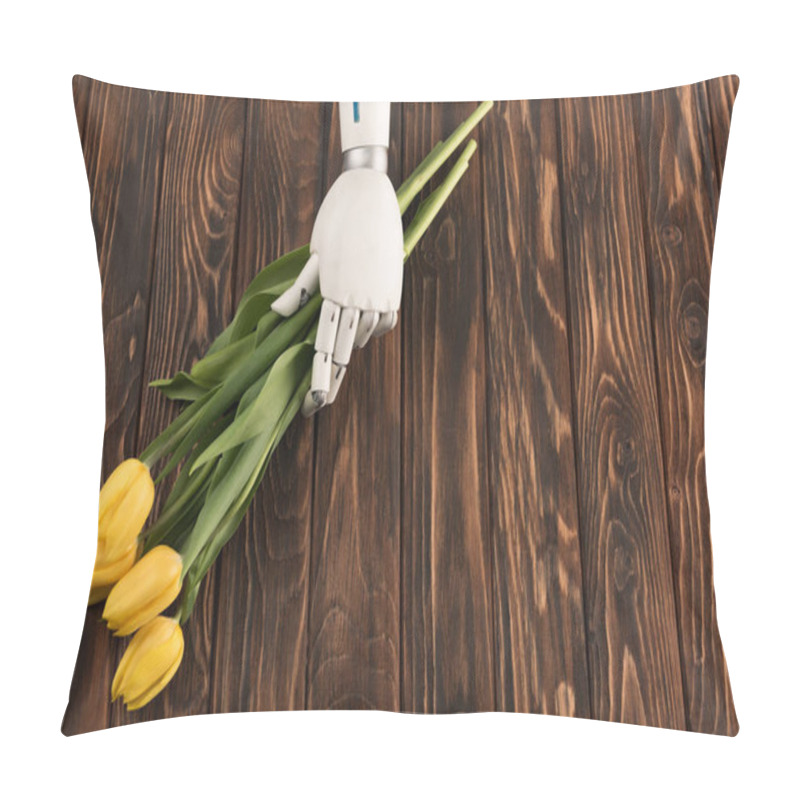 Personality  Cropped Shot Of Robot Holding Beautiful Bouquet Of Yellow Tulips On Wooden Surface Pillow Covers