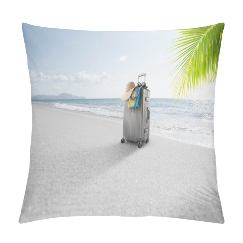 Personality  View Of Gray Suitcase With Pareo And Hat On Tropical  Beach  Pillow Covers