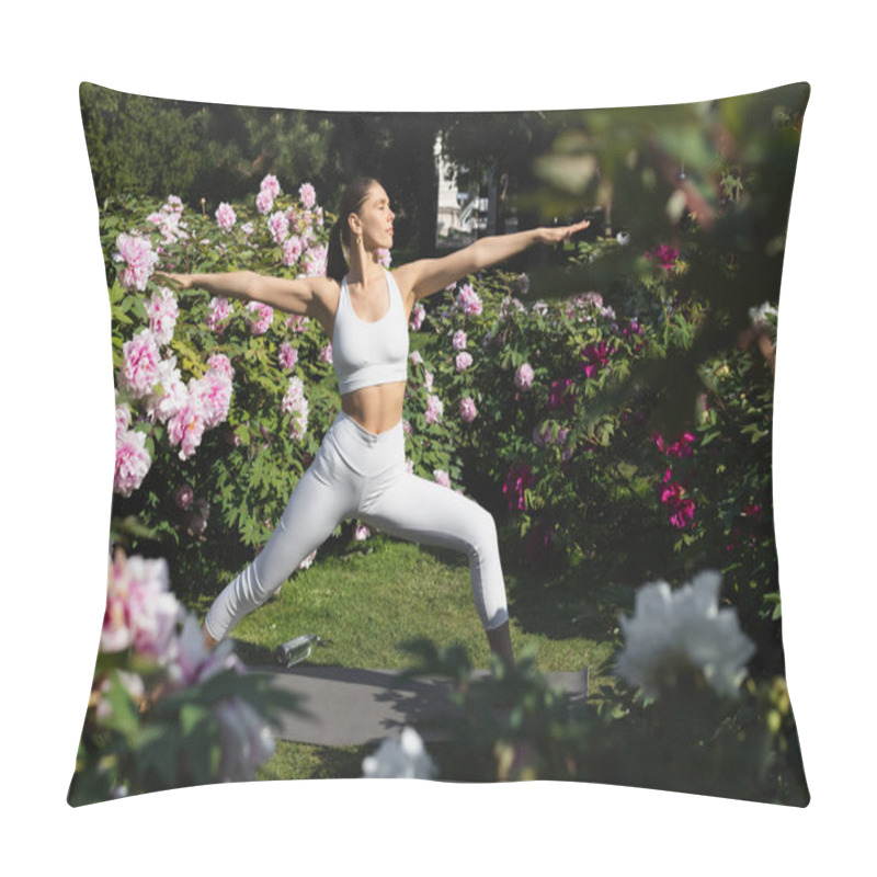 Personality  Slender Woman With Closed Eyes And Outstretched Hands Meditating In Warrior Pose In Park Pillow Covers