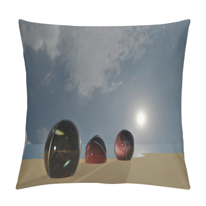 Personality  Multi Universe In Portal Ball On A Beach With Sunset Sea In Background (3D Rendering) Pillow Covers