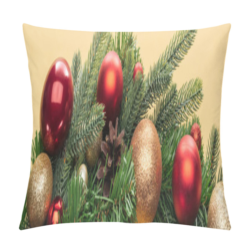 Personality  Top View Of Christmas Tree Branch With Baubles On Yellow Background, Panoramic Shot Pillow Covers