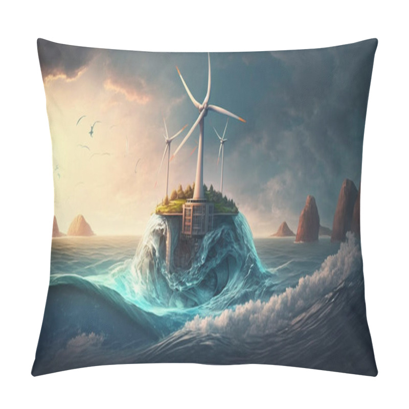 Personality  3D Illustration Of An Eco-Friendly Island City Facing A Storm Over The Ocean Pillow Covers