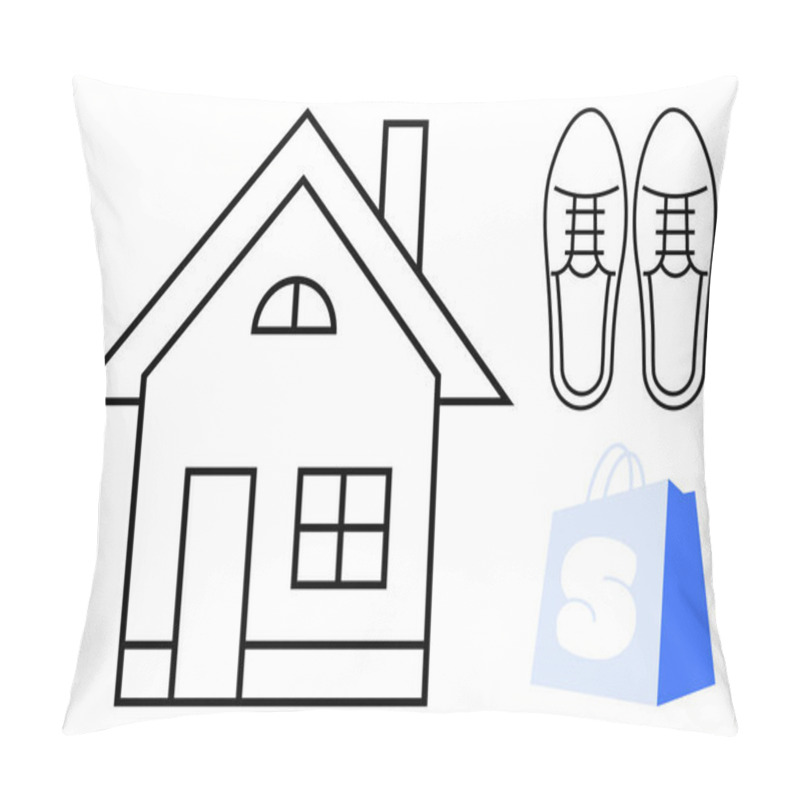 Personality  Simple Outline Of A House Next To A Pair Of Shoes And A Shopping Bag. The House Has A Chimney And Windows. Ideal For Home, Shopping, Footwear, Real Estate, And Consumer Goods Themes. Clean Pillow Covers