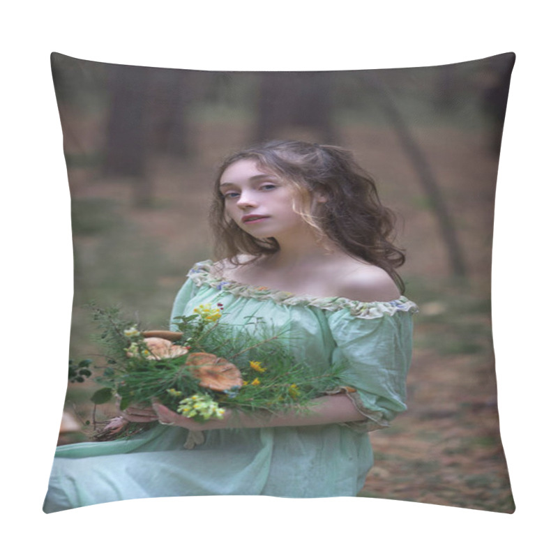 Personality  Fairy Tale About A Fairy In A Magical Forest, A Beautiful Girl In A Green Dress Walks In The Forest With A Bouquet, Mushrooms In A Bouquet Pillow Covers