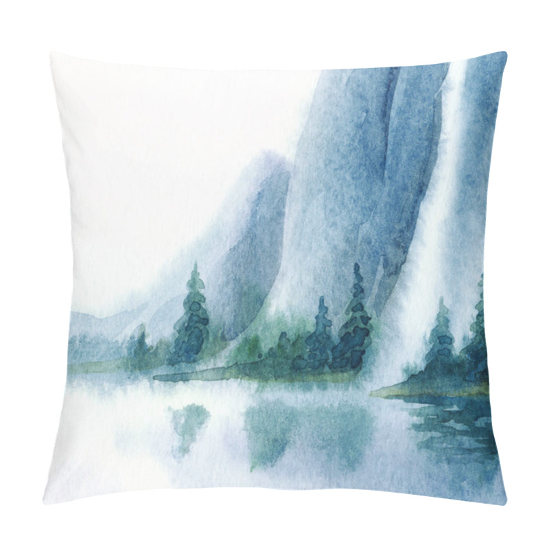 Personality  Dusk Watercolour Paint Cloudy Fog Pond Rocky Scene Paper Backdrop Text Space. Hand Drawn Blue Color Mist Valley Canyon Cascade Creek. Artist Outdoor Wild Bush Plant Country View Sketch Graphic Artwork Pillow Covers