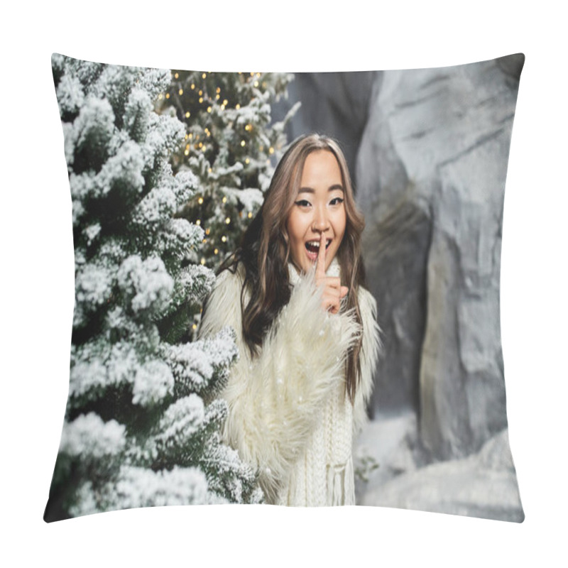 Personality  A Joyful Individual Playfully Gestures For Silence Surrounded By Snowy Christmas Trees. Pillow Covers