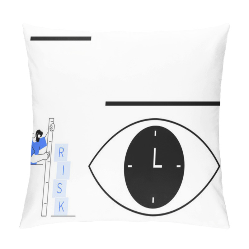 Personality  Person Stacking Blocks Labeled RISK Beside A Measuring Tool, Black Eye Outline With A Clock In Its Pupil. Ideal For Risk Management, Time Focus, Strategy, Analysis, Business Planning Pillow Covers