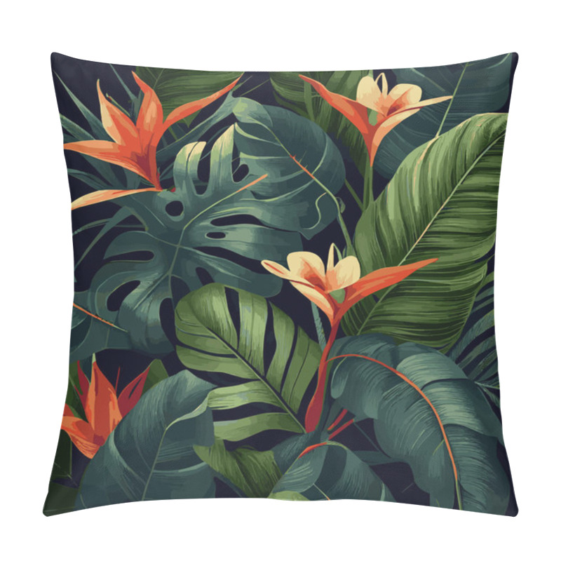 Personality  Green Tropical Forest Background Monstera Leaves, Palm Leaves, Branches. Exotic Plants Background For Banner, Template, Decor, Postcard. Abstract Foliage And Botanical Wallpaper - Vector Illustration Pillow Covers