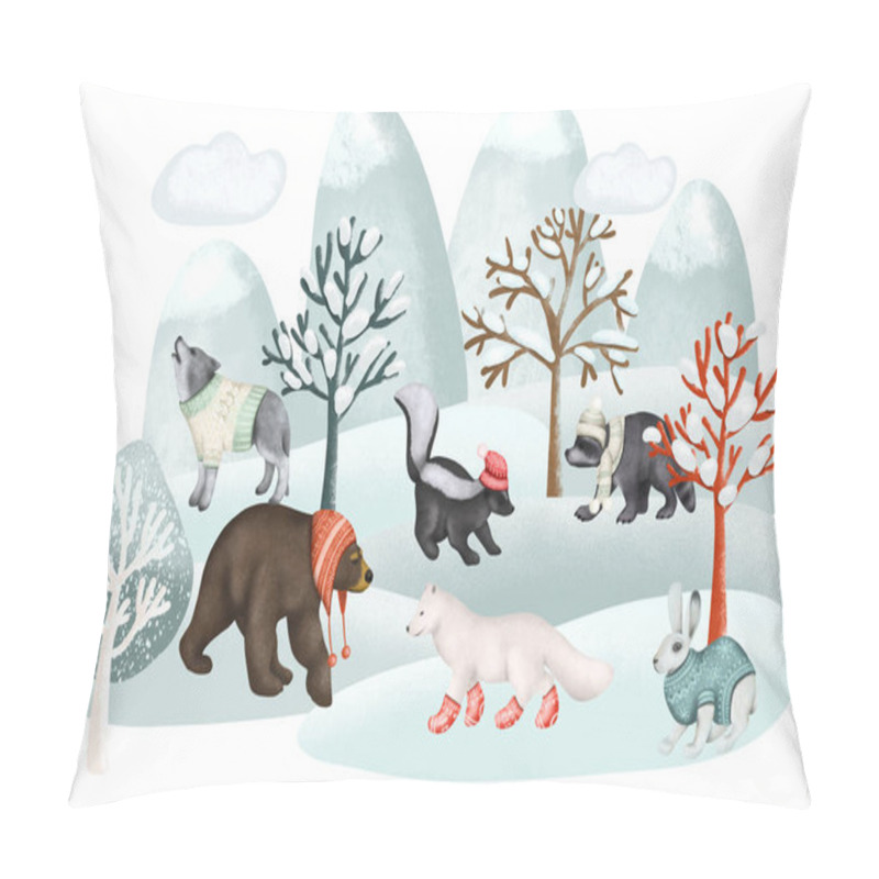 Personality  Illustration Of Woodland Animals In Warm Clothes In Winter Forest Landscape, Forest Cute Characters Illustration On White Background Pillow Covers