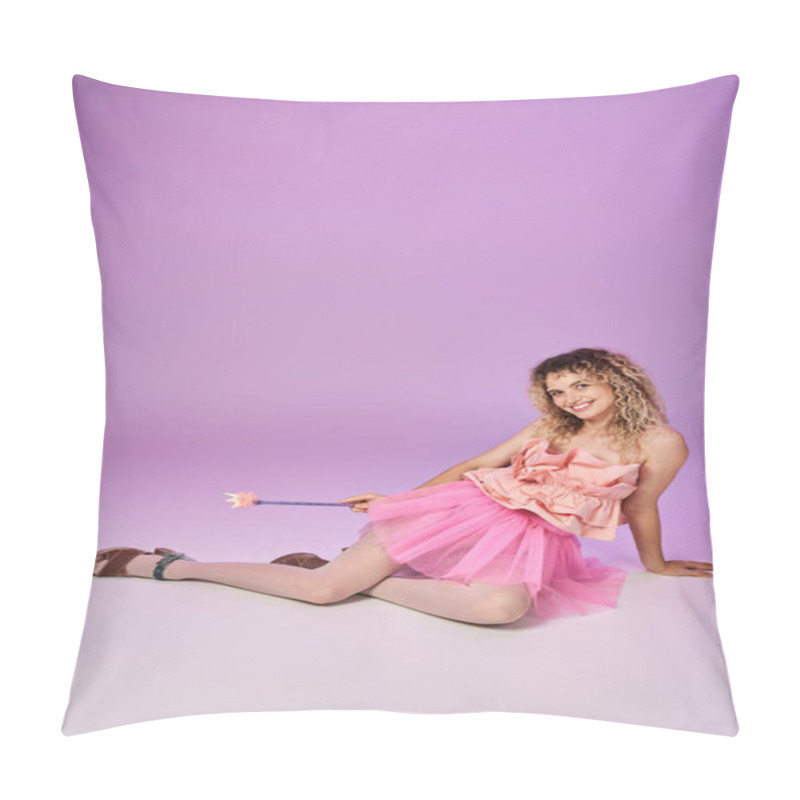 Personality  Cheerful Tooth Fairy In Vivid Dress Holding Magic Wand Sitting On Floor And Posing On Pink Backdrop Pillow Covers