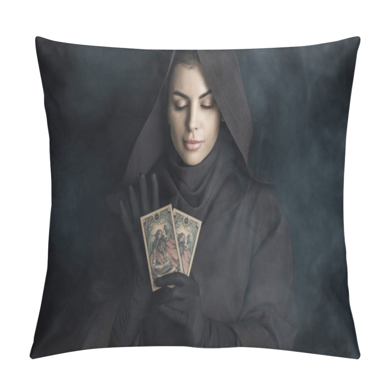 Personality  KYIV, UKRAINE - APRIL 18, 2019: Attractive Woman In Death Costume Holding Tarot Cards On Black Pillow Covers