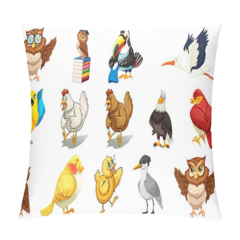 Personality  Set Of Different Birds Cartoon Style Isolated On White Background Illustration Pillow Covers