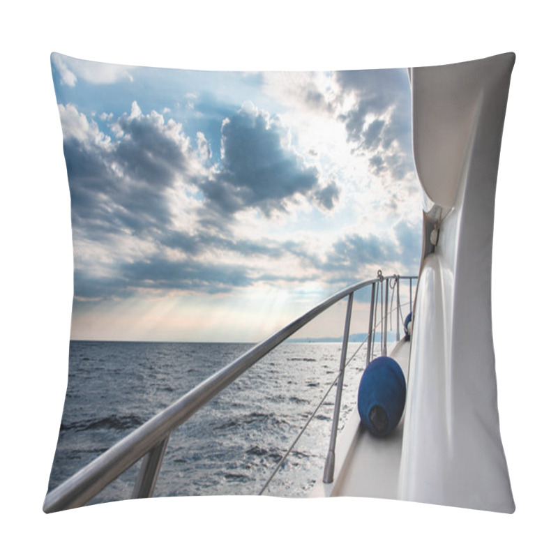 Personality  White Luxury Yacht Sailing During Stormy Weather At Sunset. View From Yacht Pillow Covers