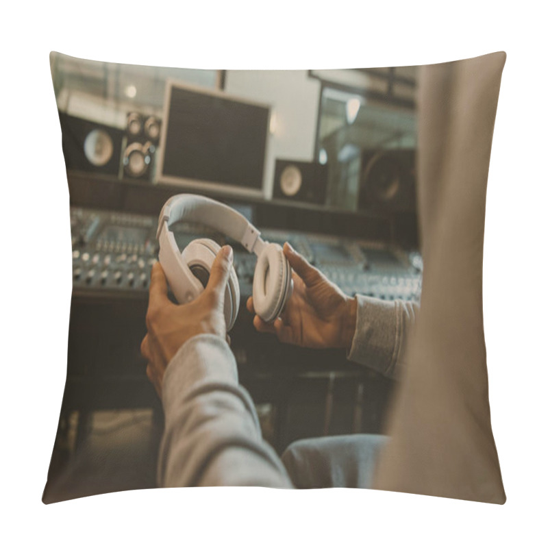 Personality  Cropped Shot Of Sound Producer With Headphones Sitting At Studio Pillow Covers