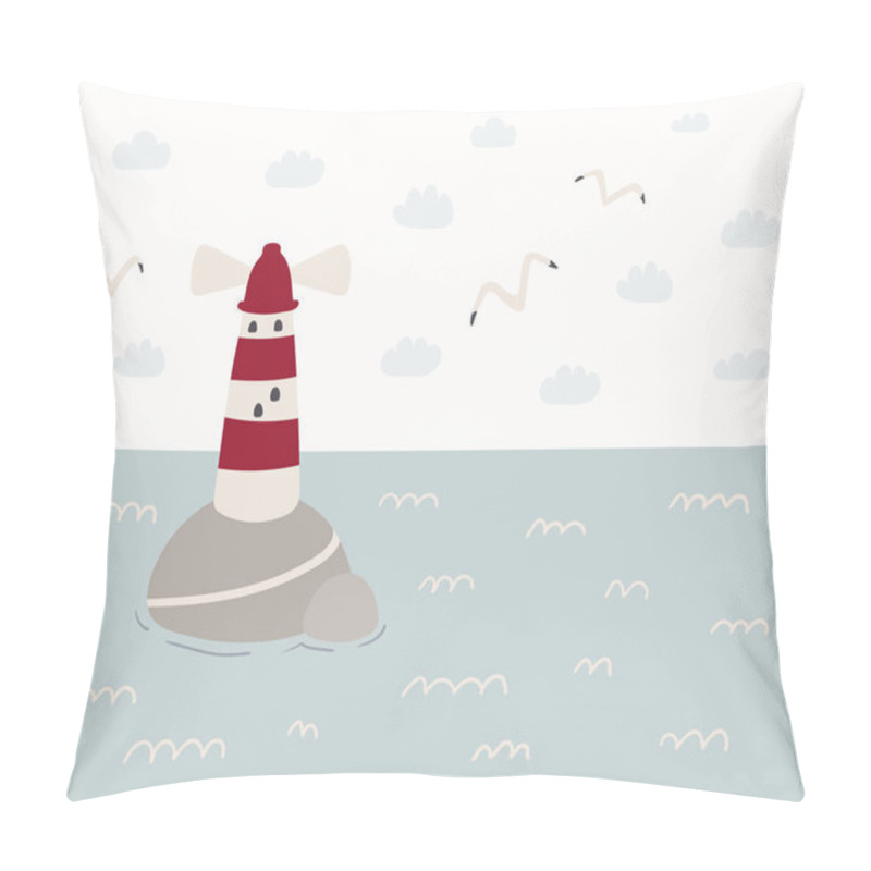 Personality  Hand Drawn Vector Illustration Of A Cute Sea Landscape With Lighthouse And Seagulls With  Clouds In Sky, Scandinavian Style Flat Design Pillow Covers