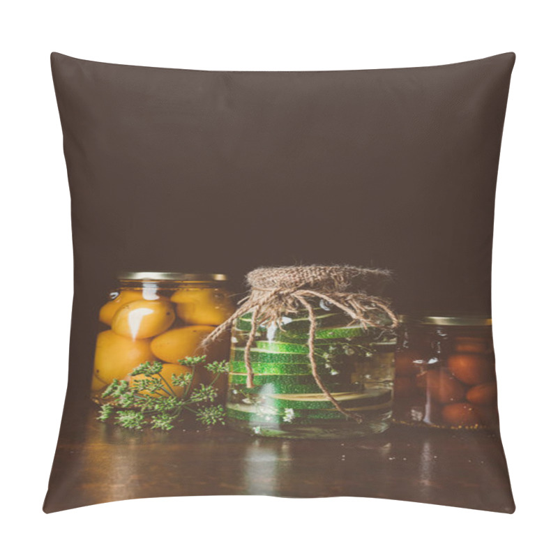 Personality  Glass Jars With Preserved Vegetables On Wooden Table In Dark Kitchen  Pillow Covers