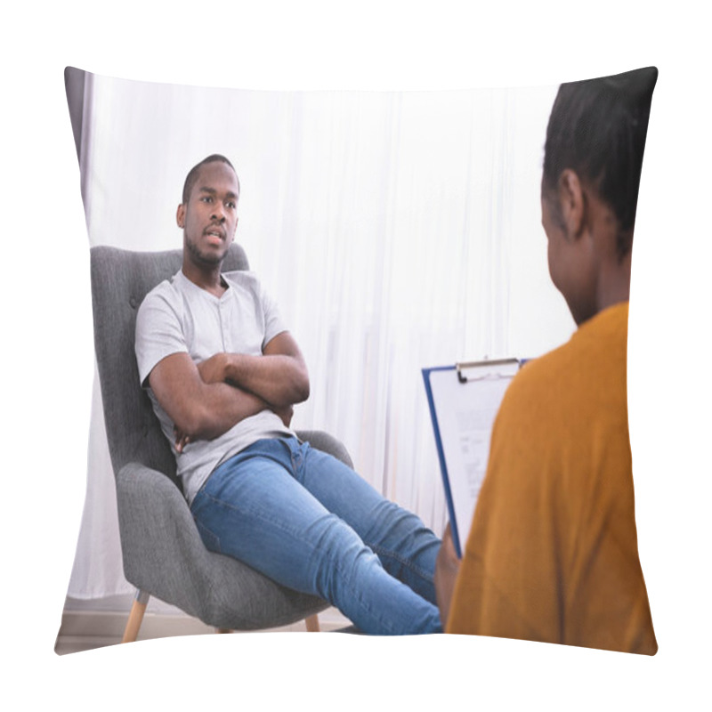 Personality  Young African Man Sitting On Chair Near Female Psychologist With Clipboard Pillow Covers