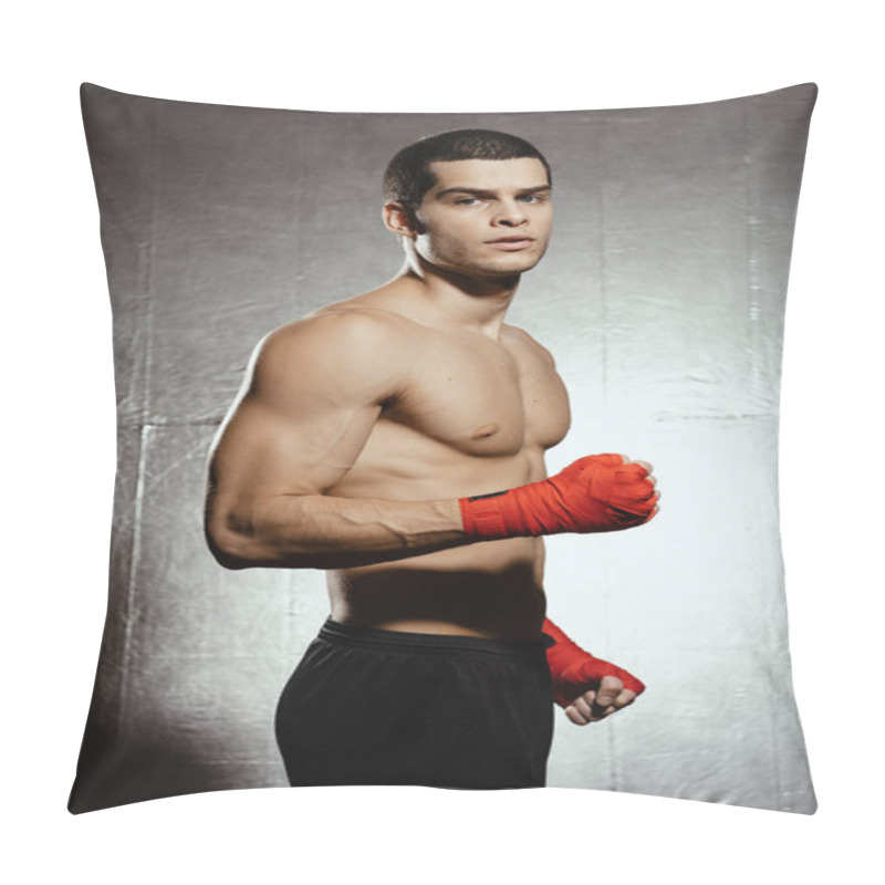 Personality  Portrait Of Male Boxer Posing In Boxing Stance Against Silver Background. Pillow Covers