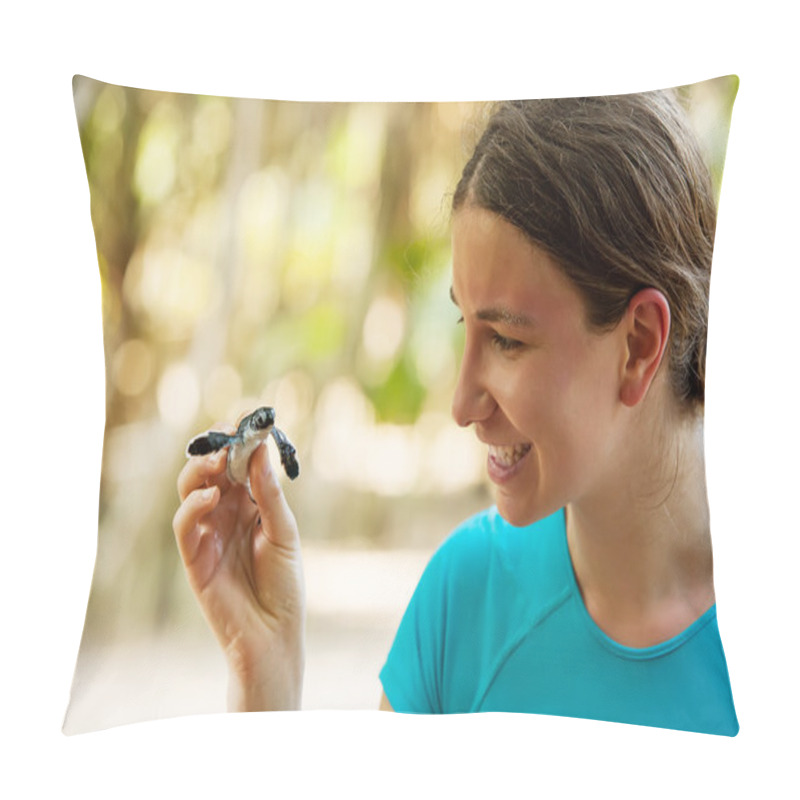 Personality  Newly Hatched Baby Turtle In Girls Hand At Sea Turtles Conservat Pillow Covers