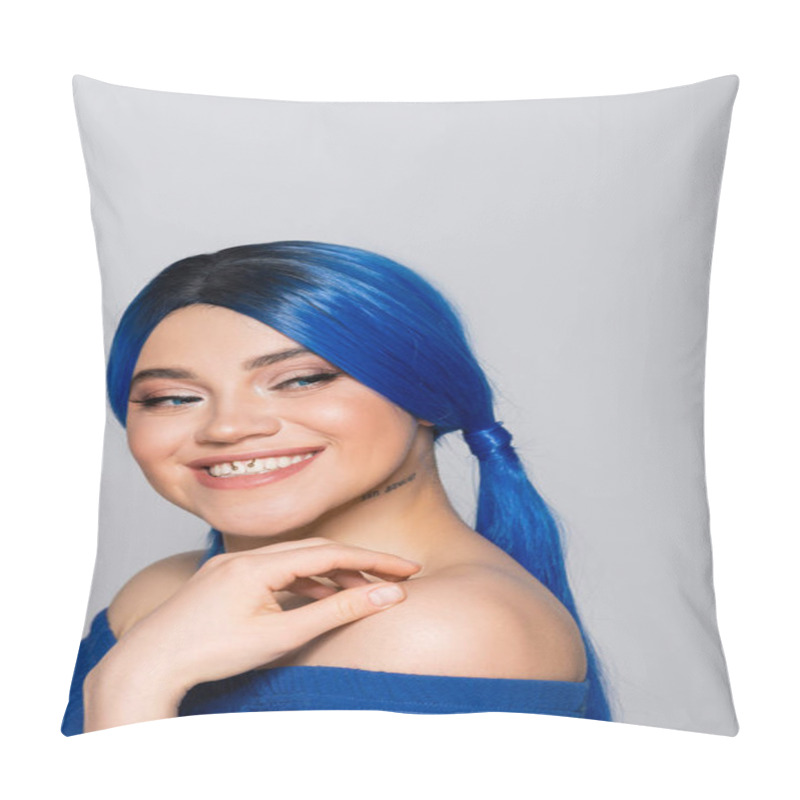 Personality  Beauty Trends, Dyed Hair, Portrait Of Tattooed And Cheerful Woman With Bare Shoulders Posing In Bright Blouse On Grey Background, Blue Hair Color, Hairstyle, Female Model, Makeup And Beauty  Pillow Covers