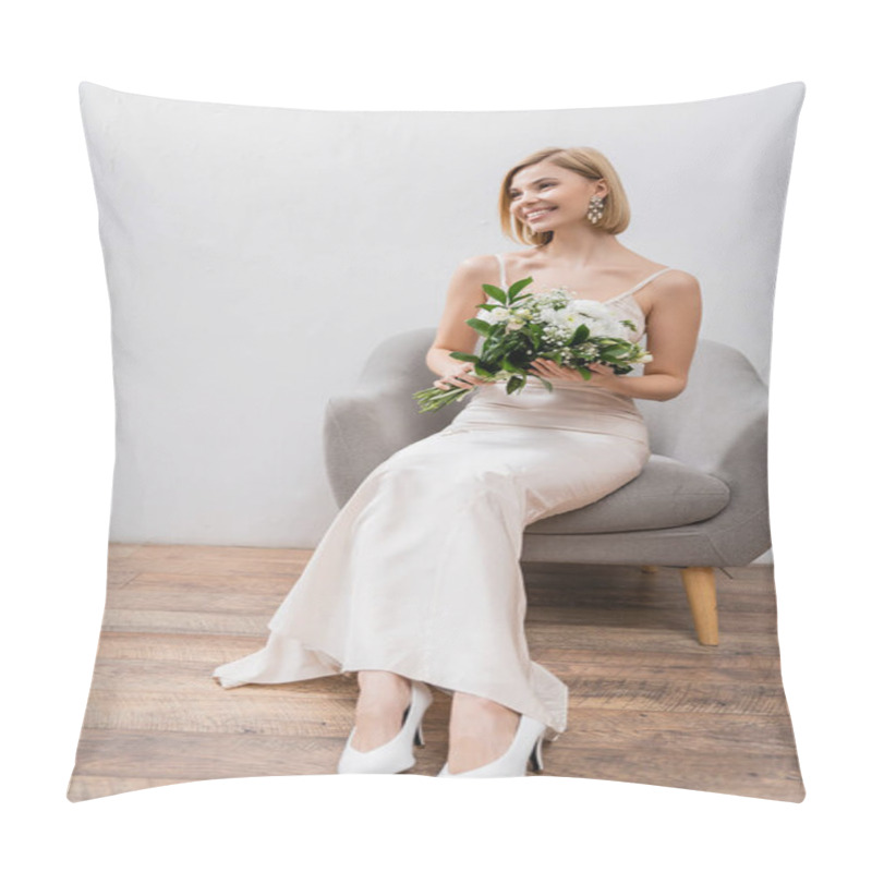 Personality  Wedding Photography, Special Occasion, Beautiful, Blonde Bride In Wedding Dress Sitting In Armchair And Holding Bouquet On Grey Background, White Flowers, Bridal Accessories, Happiness  Pillow Covers