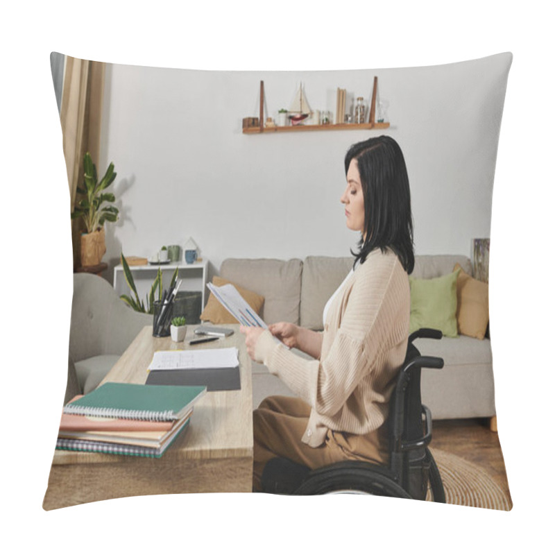 Personality  A Woman In A Wheelchair Examines Documents At A Desk In A Home Office. Pillow Covers