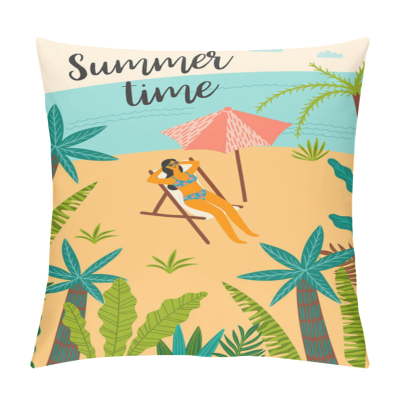 Personality  Vector Illustration Of Tropical Beach And Sea. Design Element Pillow Covers