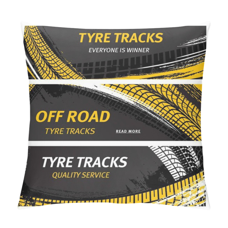 Personality  Tyre Tracks, Off Road Tire Prints Vector Car Grunge Tread Abstract Marks. Rally, Motocross Bike Protectors, Vehicle, Transportation Dirty Wheels Trace, Protector Skid. Quality Auto Service Banners Set Pillow Covers