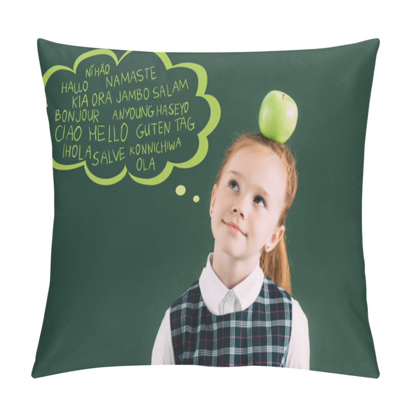 Personality  Pensive Little Red Haired Schoolgirl With Apple On Head Standing Near Chalkboard With Words On Different Languages In Speech Bubble Pillow Covers