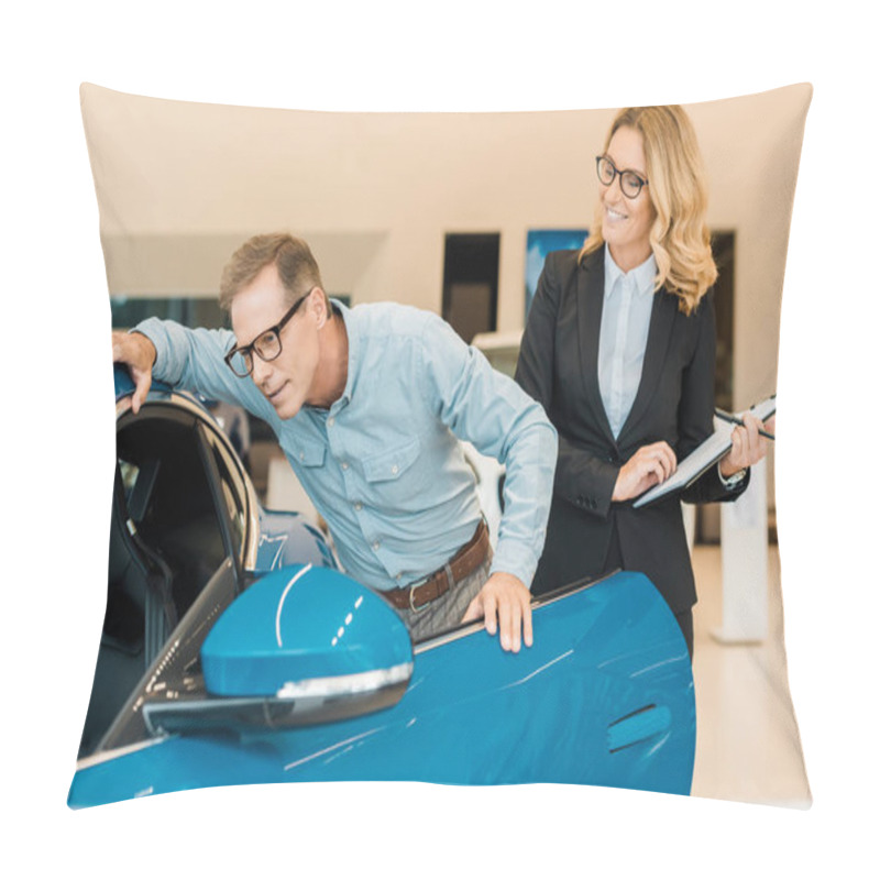 Personality  Adult Man Checking Luxury Sport Car With Female Car Dealer At Showroom Pillow Covers