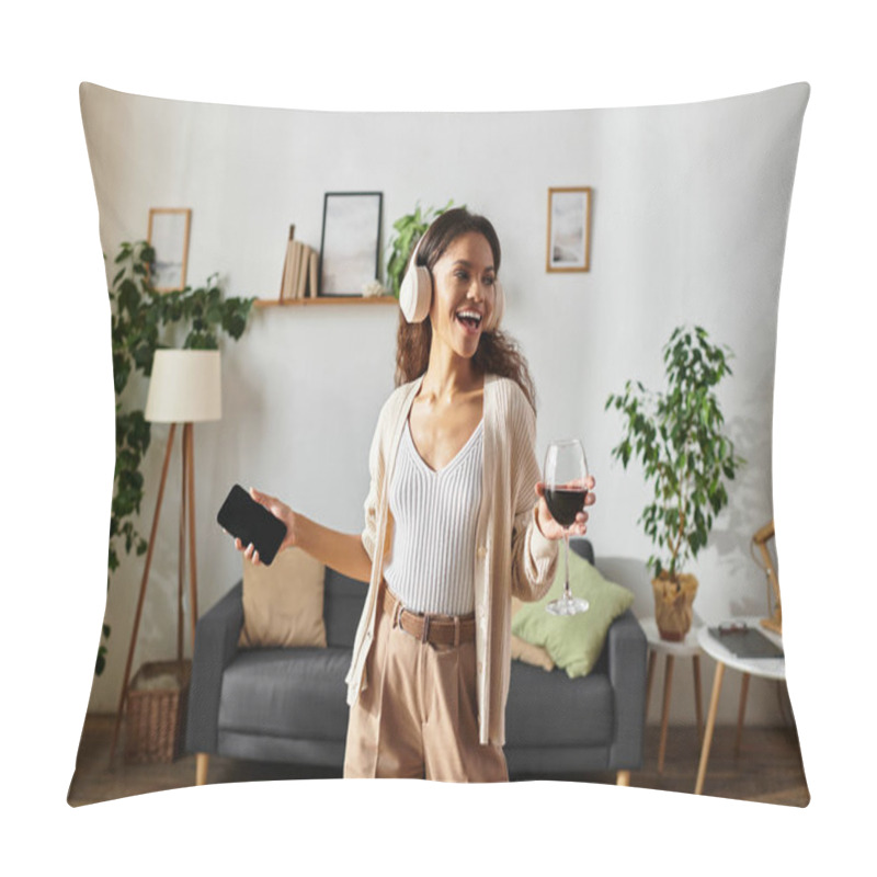 Personality  A Cheerful Woman Dances In A Stylish Room, Enjoying A Drink And Listening To Her Favorite Tunes. Pillow Covers