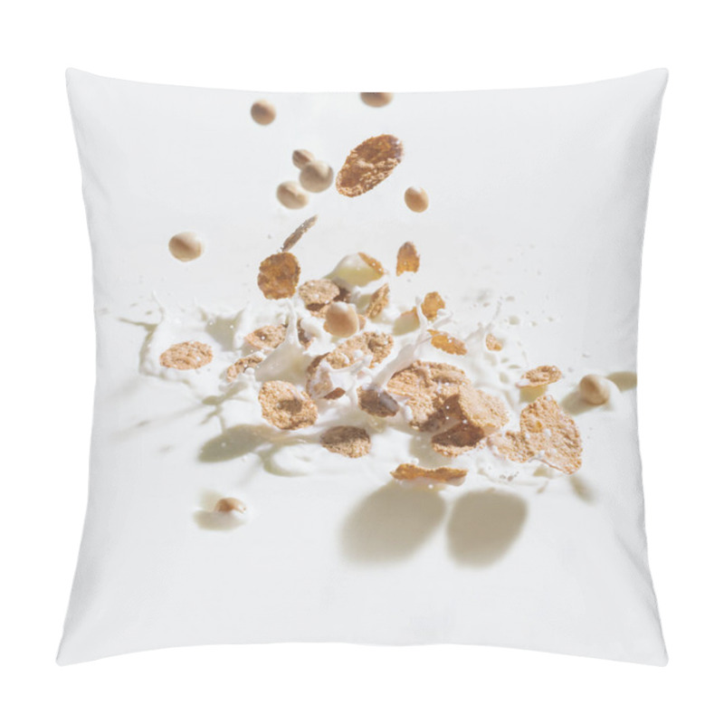 Personality  Cereal Flakes And Soybeans Falling In Milk With Drops On White Background Pillow Covers