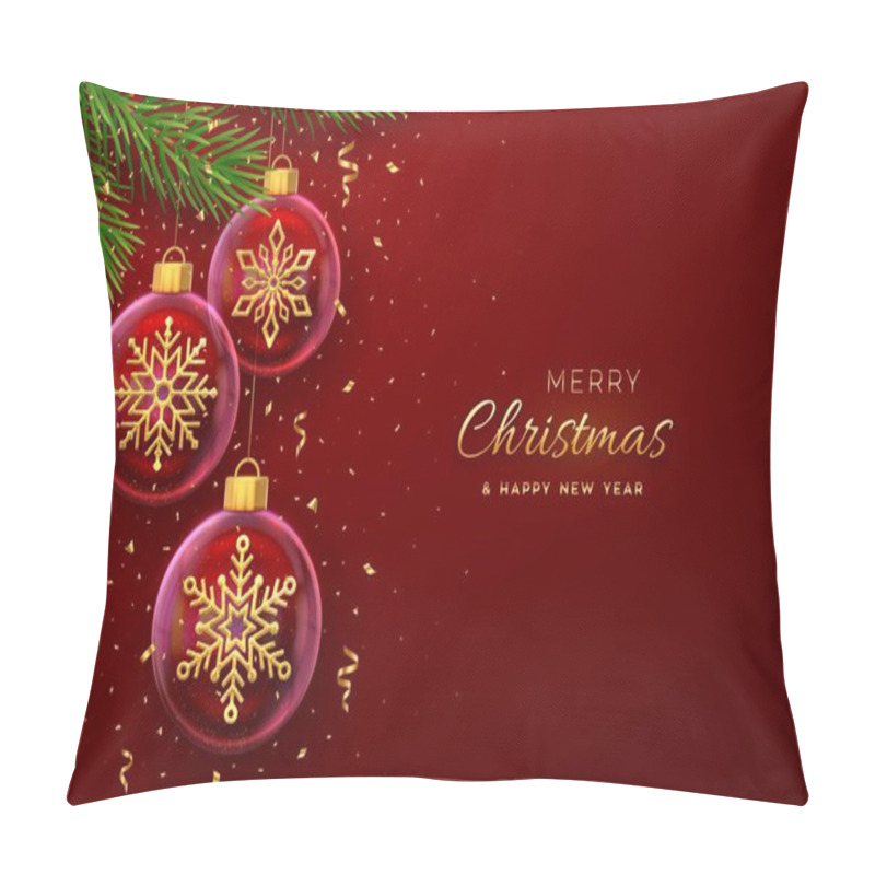 Personality  Merry Christmas Greeting Card Or Banner. Hanging Transparent Glass Balls With Golden Snowflakes Inside, Pine Branches On Red Background With Gold Falling Confetti. New Year 3d. Vector Illustration Pillow Covers