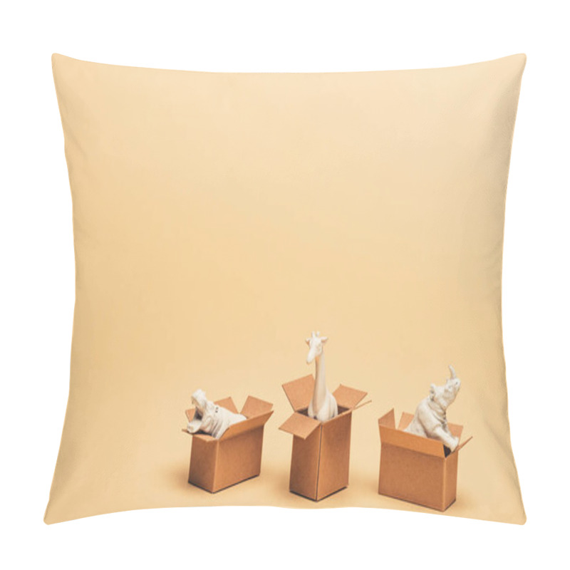 Personality  White Toy Hippopotamus, Rhinoceros And Giraffe In Cardboard Boxes On Yellow Background, Animal Welfare Concept Pillow Covers