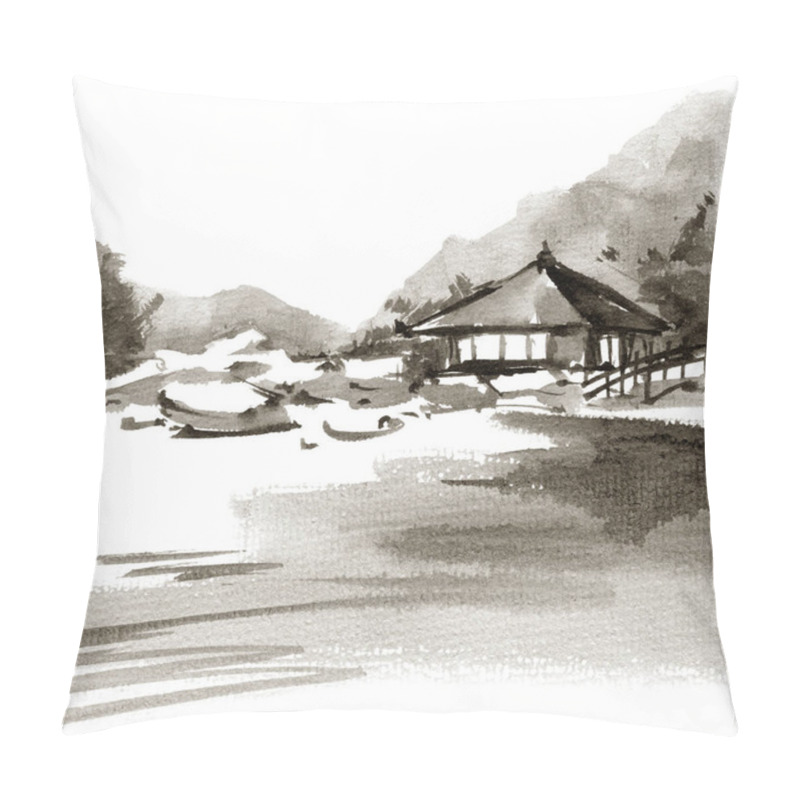 Personality  Landscape With Building And Stones - Grayscale Ink Painting On White Background. Oriental Traditional Ink Painting In Sumi-e Style. Pillow Covers