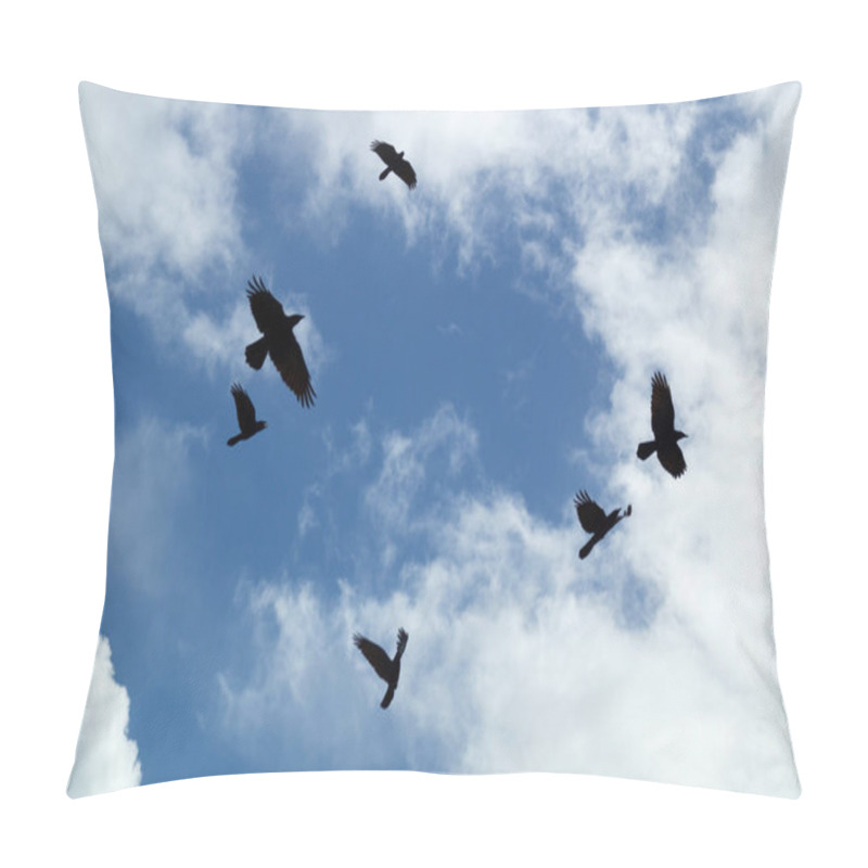 Personality  Looking Up At A Group Of Six Black Crows Flying And Circling In The Afternoon Sky Silhouetted Against Clouds, Also Known As A Murder Of Crows. Pillow Covers