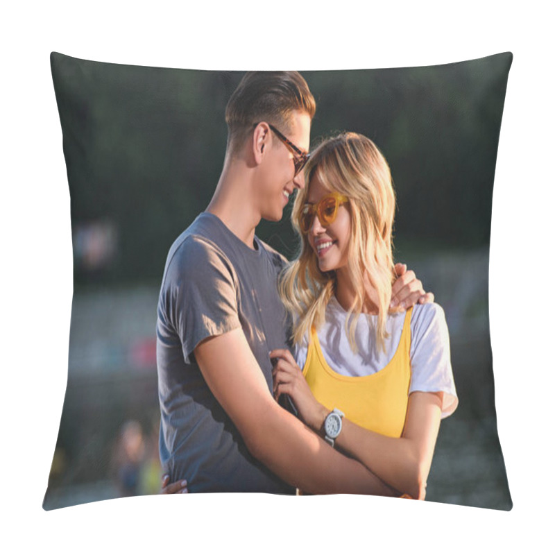 Personality  Smiling Young Couple Cuddling On River Beach In Evening Pillow Covers