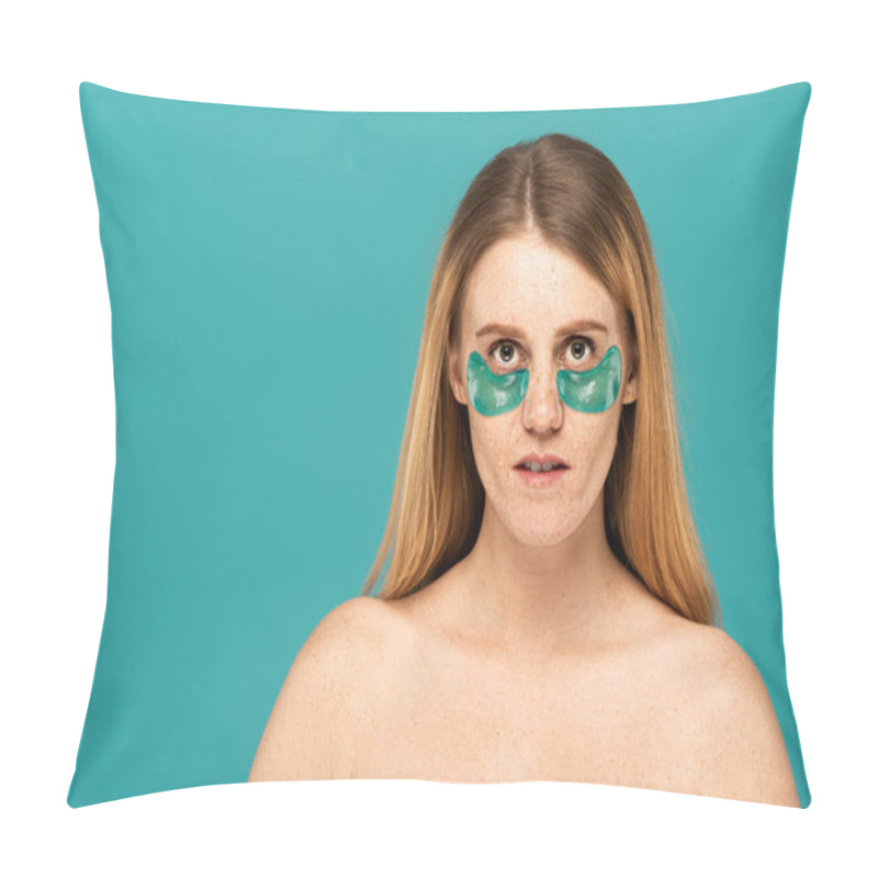 Personality  Redhead Woman With Freckles And Patches Under Eyes Looking At Camera Isolated On Turquoise  Pillow Covers