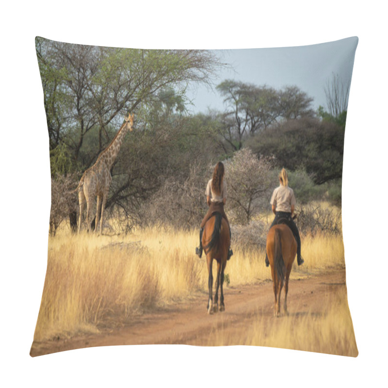 Personality  Southern Giraffe Watches Two Women On Horseback Pillow Covers