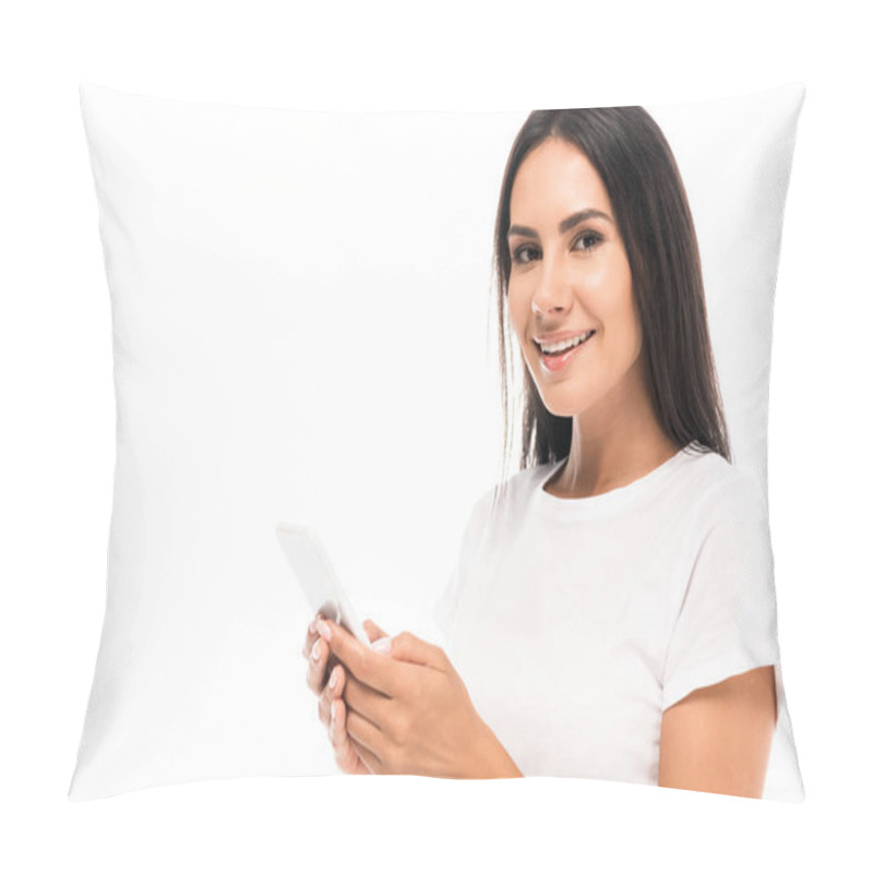 Personality  Happy Woman In White T-shirt Holding Smartphone Isolated On White  Pillow Covers