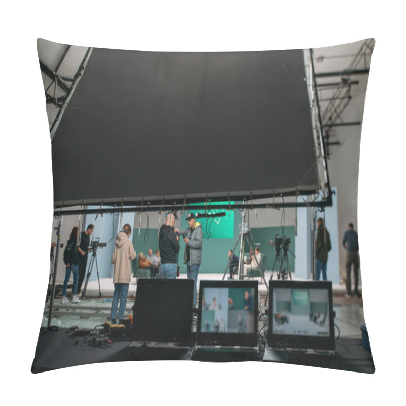 Personality  Film Set, Monitors And Modern Shooting Equipment. Film Crew, Lighting Devices, Monitors, Playbacks - Filming Equipment And A Team Of Specialists In Filming Movies, Advertising And TV Series Pillow Covers