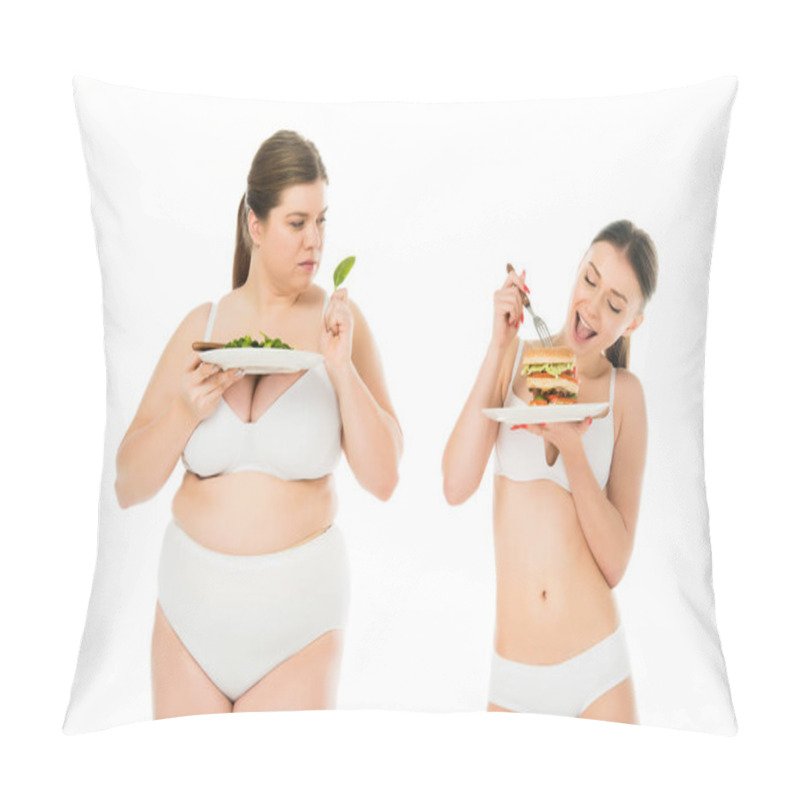 Personality  Slim Woman In Underwear Eating Burger While Overweight Upset Woman Holding Green Spinach Leaf Isolated On White Pillow Covers