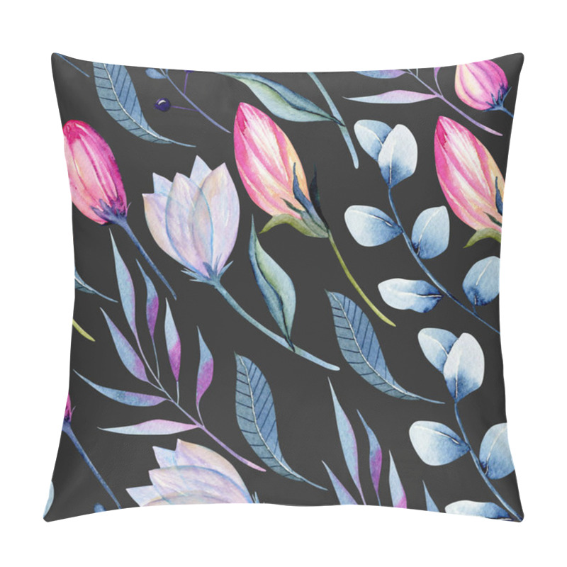 Personality  Watercolor Floral Buds And Branches In Pink And Blue Shades Seamless Pattern, Hand Painted On A Dark Background Pillow Covers