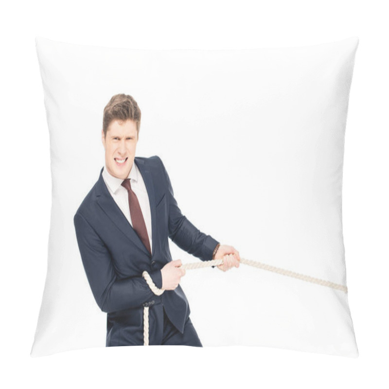 Personality  Handsome Young Businessman In Formal Wear Pulling Rope Isolated On White Pillow Covers