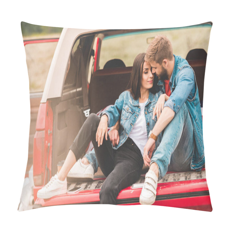 Personality  Beautiful Young Couple Cuddling In Car Trunk During Trip Pillow Covers