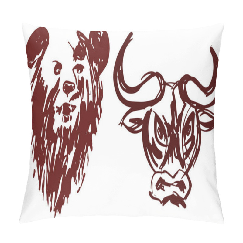 Personality  Hand Drawn Bear And Bull Heads Silhouette Isolated On White Background As A Symbol Of Bullish And Bearish Market, Eps10 Vector Illustration. Pillow Covers