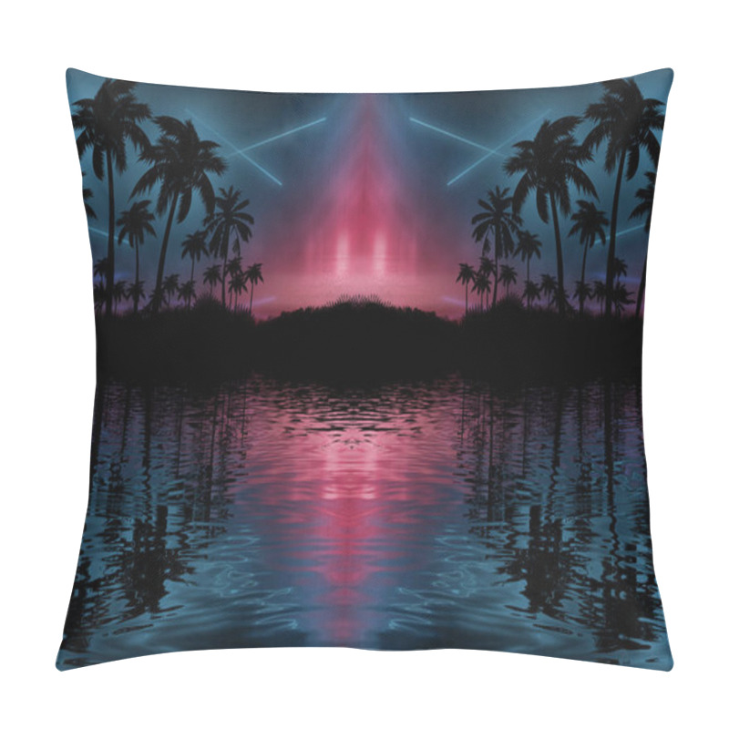 Personality  Night Landscape With Palm Trees, Against The Backdrop Of A Neon Sunset, Stars. Silhouette Coconut Palm Trees On Beach At Sunset. Space Futuristic Neon Landscape. Beach Party. 3D Illustration. Pillow Covers