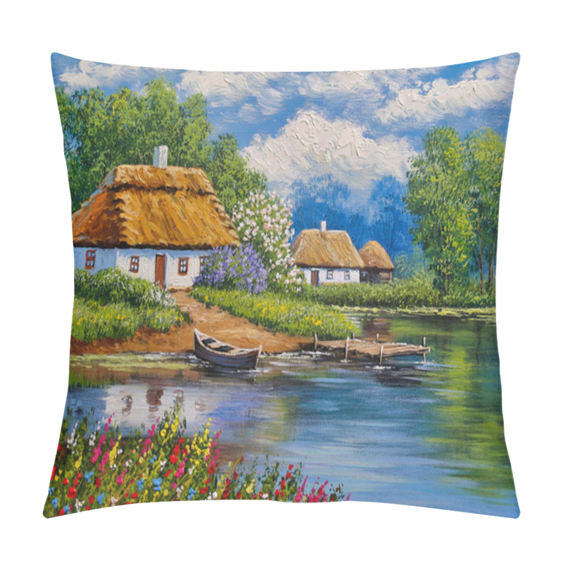 Personality  Rural Landscape, Oil Painting On Canvas - Ukraine House In The Forest, Boat And River, Old Village In The River Pillow Covers