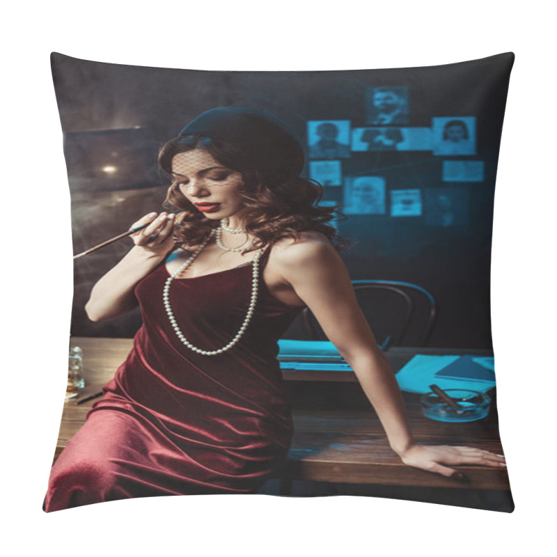 Personality  Woman In Dress Sitting On Table And Holding Mouthpiece In Dark Office Pillow Covers