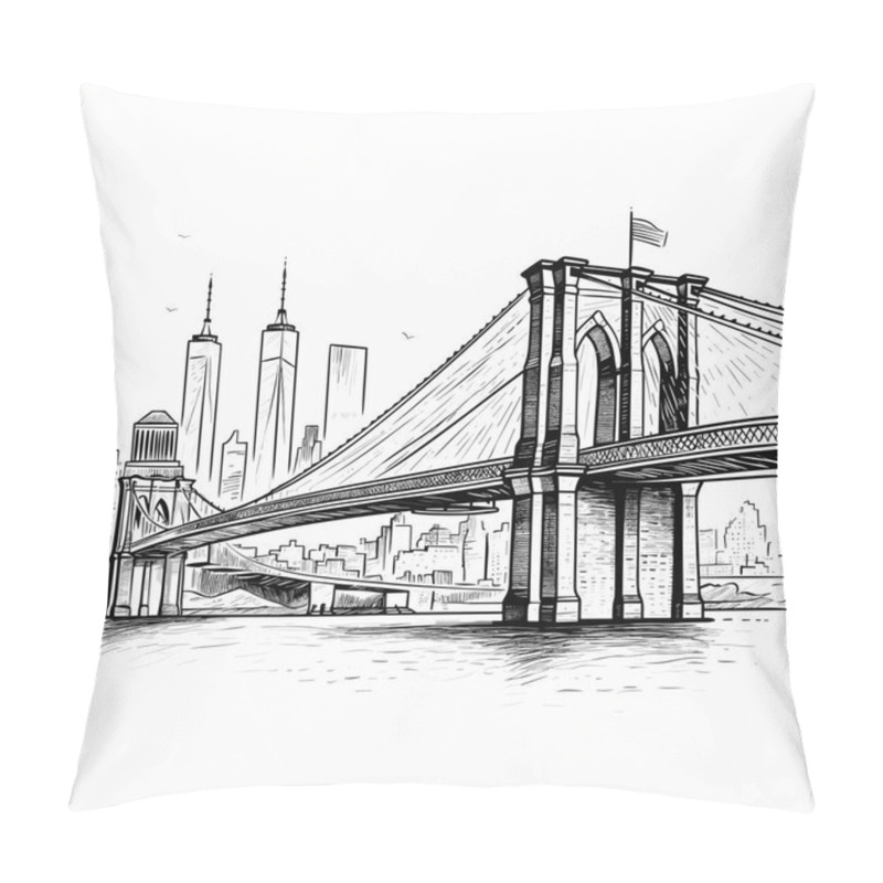 Personality  Brooklyn Bridge Hand-drawn Comic Illustration. Brooklyn Bridge. Vector Doodle Style Cartoon Illustration Pillow Covers